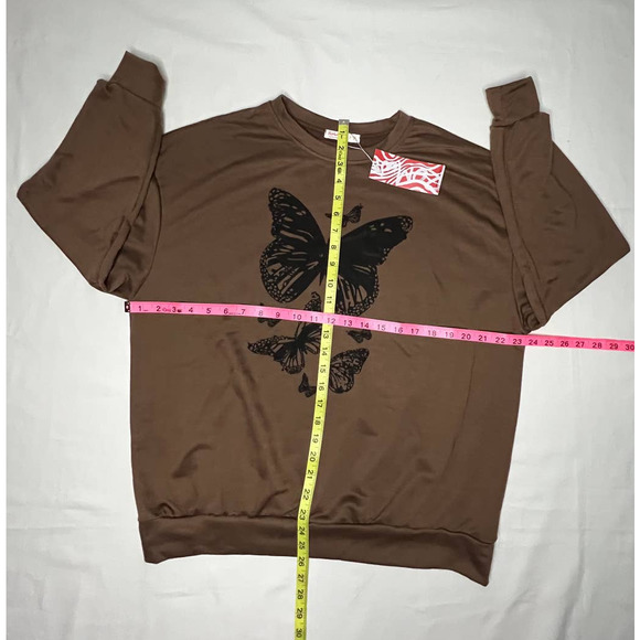 NWT Romwe Brown Light Weight Sweatshirt Long Sleeve Rich Brown with Butterfly M - Picture 4 of 9